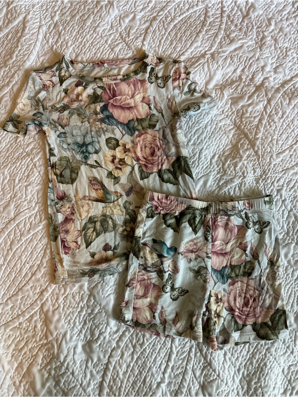 Bamboo Posh Peanut Floral & Bird Short Pajama Set - Light Blue,Pink, Green, Blue